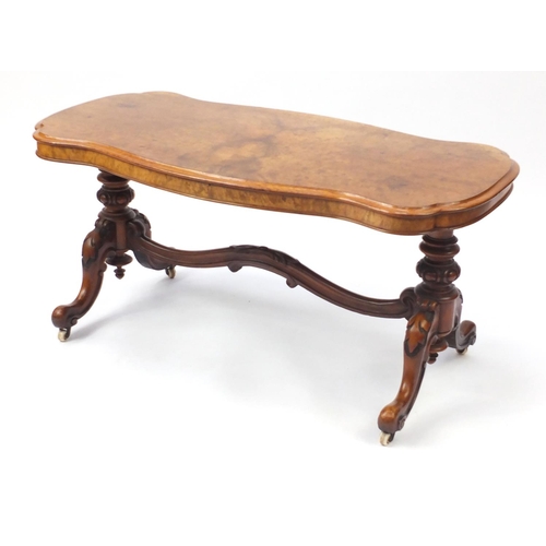 2068 - Victorian burr walnut coffee table with carved scrolling feet, 51cm H x 110cm W x 56cm D