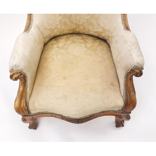 2098 - Victorian carved walnut ladies chair, with beige floral upholstery, 98cm high