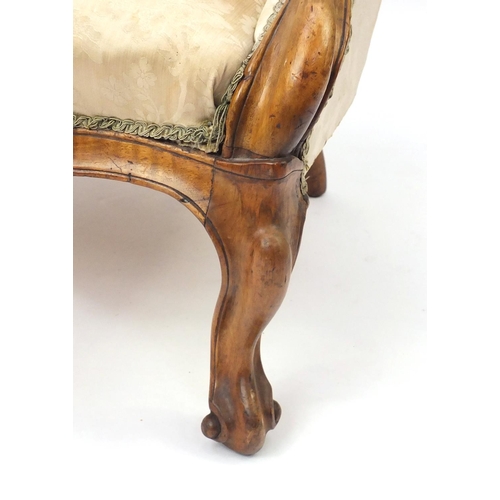 2098 - Victorian carved walnut ladies chair, with beige floral upholstery, 98cm high