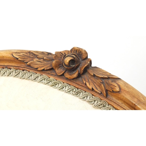 2098 - Victorian carved walnut ladies chair, with beige floral upholstery, 98cm high