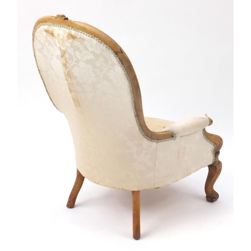 2098 - Victorian carved walnut ladies chair, with beige floral upholstery, 98cm high