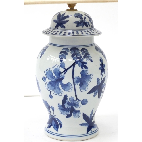 2280 - Blue and white floral painted porcelain table lamp and shade, 80cm high