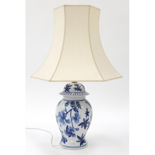 2280 - Blue and white floral painted porcelain table lamp and shade, 80cm high