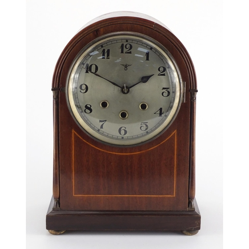 2184 - Inlaid mahogany Westminster chiming mantel clock, the silvered dial with Arabic numerals, the moveme... 