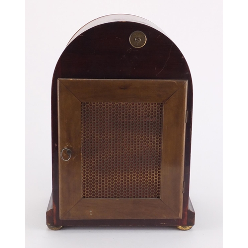 2184 - Inlaid mahogany Westminster chiming mantel clock, the silvered dial with Arabic numerals, the moveme... 