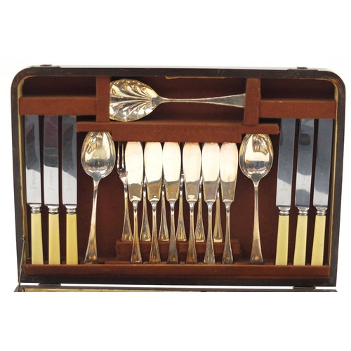 2169 - B & J Sippel six place oak canteen of silver plated cutlery, some with ivorine handles, 47cm wide