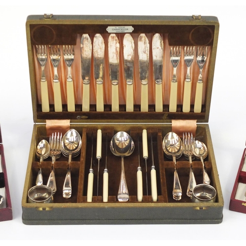 2227 - Three sets of silver plated cutlery including a six place canteen with ivorine handles and a pair of... 