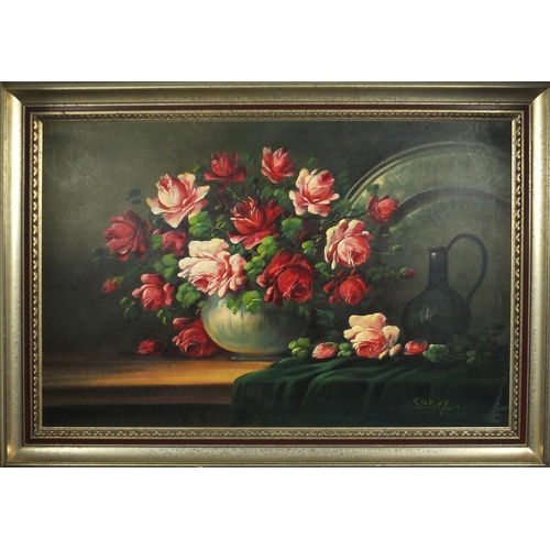 2239 - Still life flowers and vessels, oil on canvas, bearing a signature Cordy, mounted and framed, 89cm x... 