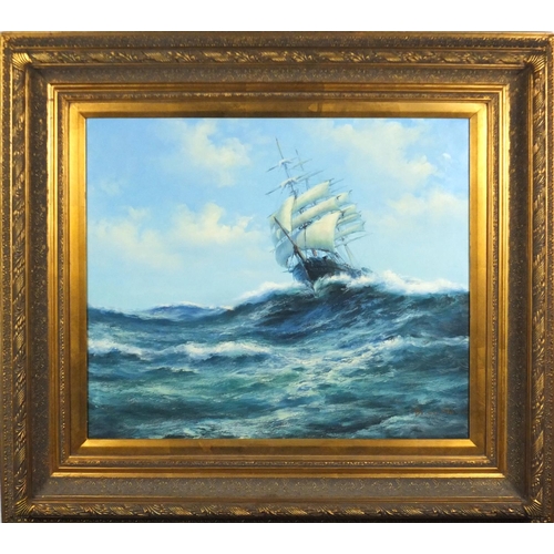 2297 - Brian Murray - Rigged sailing ship on choppy seas, oil on canvas, label verso, mounted and framed, 6... 