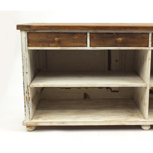 2139 - Shabby Chic stained and hand painted pine dresser base, fitted with four drawers above two shelves, ... 