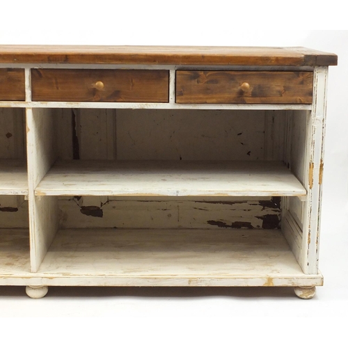 2139 - Shabby Chic stained and hand painted pine dresser base, fitted with four drawers above two shelves, ... 