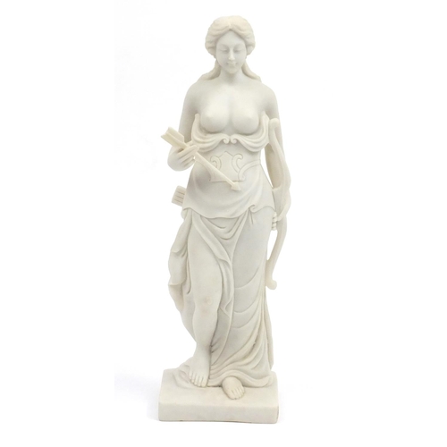 2328 - White marble carving of a standing maiden holding a bow and arrow, 62cm high