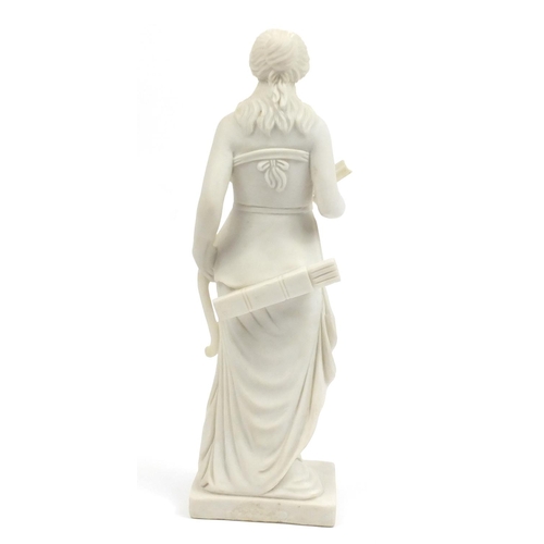 2328 - White marble carving of a standing maiden holding a bow and arrow, 62cm high