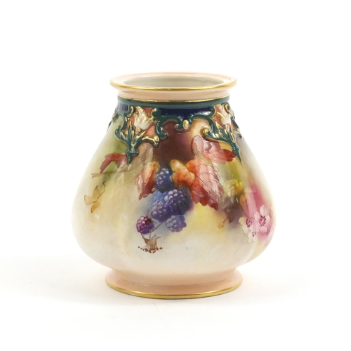 2196 - Royal Worcester porcelain vase, hand painted with berries and flowers, factory marks, initials C H a... 