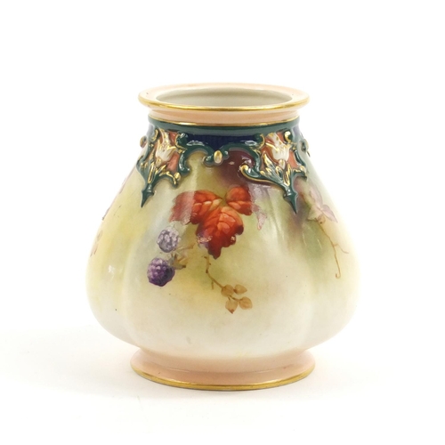 2196 - Royal Worcester porcelain vase, hand painted with berries and flowers, factory marks, initials C H a... 