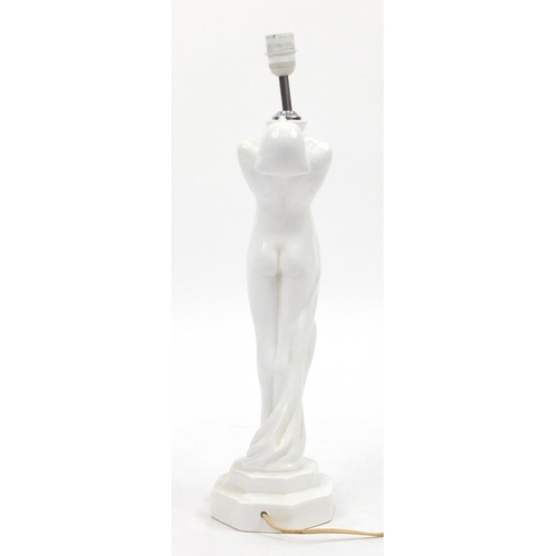 2346 - White glazed porcelain lamp and shade, in the form of a nude Art Deco female with out stretched arms... 