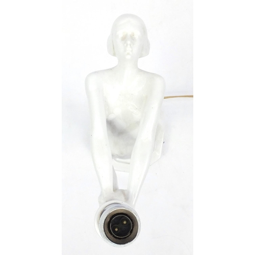 2346 - White glazed porcelain lamp and shade, in the form of a nude Art Deco female with out stretched arms... 