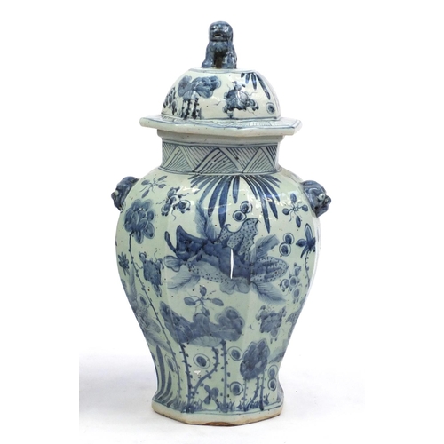 2148 - Large pair of Chinese blue and white porcelain vases and covers, with twin handles and octagonal bal... 