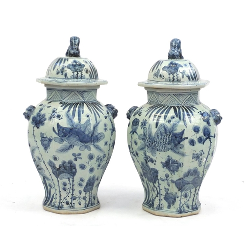 2148 - Large pair of Chinese blue and white porcelain vases and covers, with twin handles and octagonal bal... 