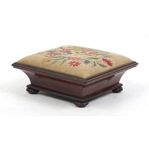 2137 - Victorian rosewood foot stool with floral upholstery, 16.5cm H x 38cm W X 38cm D