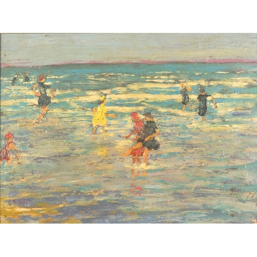 2204 - Children playing in the sea, oil on wood panel, bearing an indistinct signature possibly C Pottyas? ... 