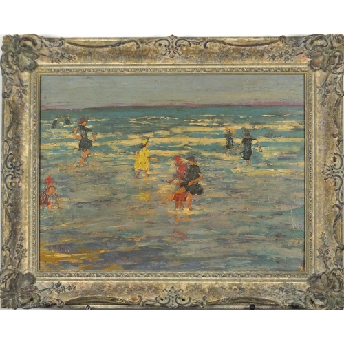 2204 - Children playing in the sea, oil on wood panel, bearing an indistinct signature possibly C Pottyas? ... 