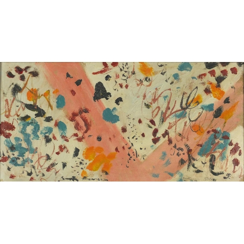 2205 - After Sam Francis - Abstract composition, oil on card, inscribed verso, framed, 49cm x 24cm