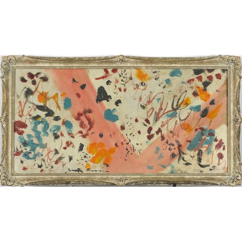 2205 - After Sam Francis - Abstract composition, oil on card, inscribed verso, framed, 49cm x 24cm