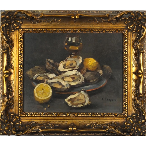 2209 - Edward Chappel - Still life items on a table, continental school oil on wood panel, label verso, fra... 