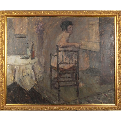 2110 - Nude female in an interior, oil on board, bearing a signature Tibble, framed, 75cm x 60cm