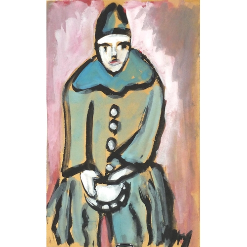 2292 - Portrait of a clown, watercolour on card, bearing an indistinct signature, unframed, 35cm x 21.5cm