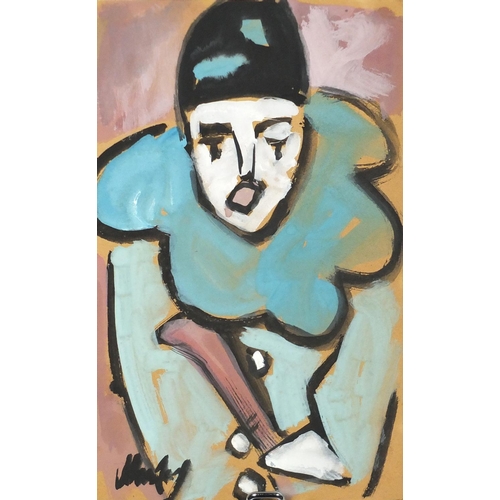 2293 - Portrait of a clown, watercolour on card, bearing an indistinct signature, unframed, 34.5cm x 22cm