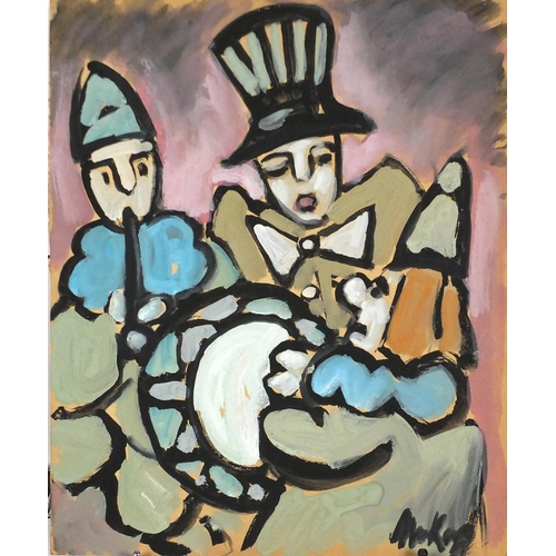 2291 - Portrait of three clowns, watercolour on card, bearing an indistinct signature, unframed, 47cm x 39c... 