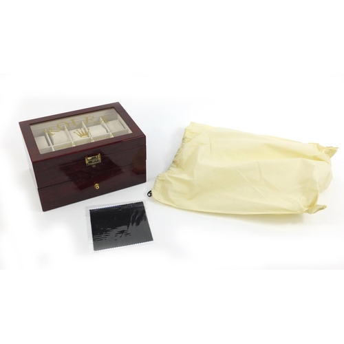 2198 - Rolex cherry wood dealers display box, with base drawer and dust bag, 16cm H x 29cm W x 20.5cm D