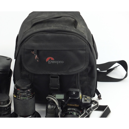 2225 - Two Canon camera outfits, Canon T90 and Canon EOS30 bodies with lenses including Tamron, both with c... 