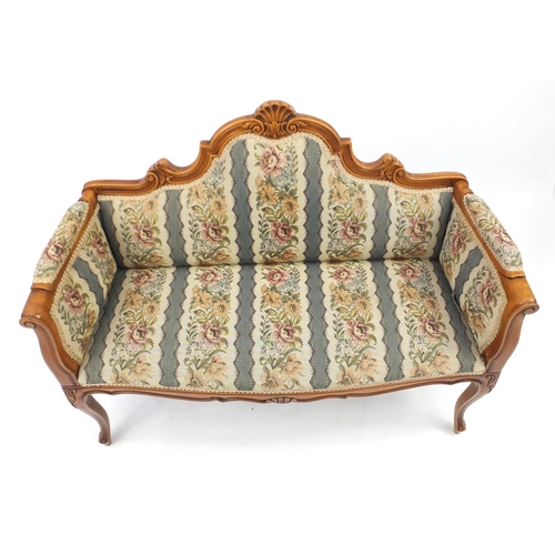 2070 - French style walnut framed two seater bench, with floral upholstery, 84cm H x 105cm W x 42cm D