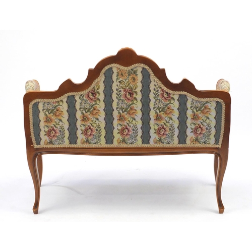 2070 - French style walnut framed two seater bench, with floral upholstery, 84cm H x 105cm W x 42cm D