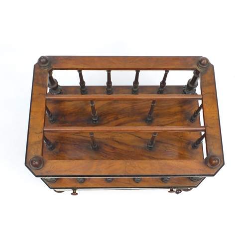 2063 - Victorian burr walnut and line inlaid Canterbury, with base drawer, 52cm H x 55cm W x 38cm D