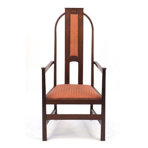 2080 - Arts & Crafts inlaid mahogany open armchair, with geometric upholstered back and seat, remnants of p... 