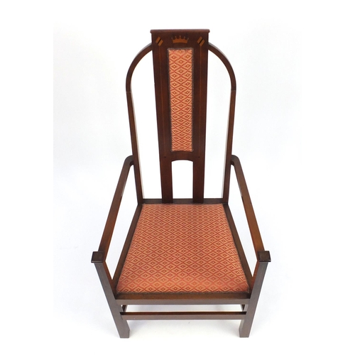 2080 - Arts & Crafts inlaid mahogany open armchair, with geometric upholstered back and seat, remnants of p... 