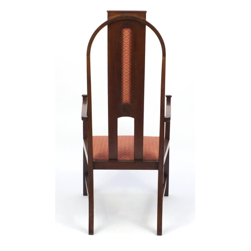 2080 - Arts & Crafts inlaid mahogany open armchair, with geometric upholstered back and seat, remnants of p... 