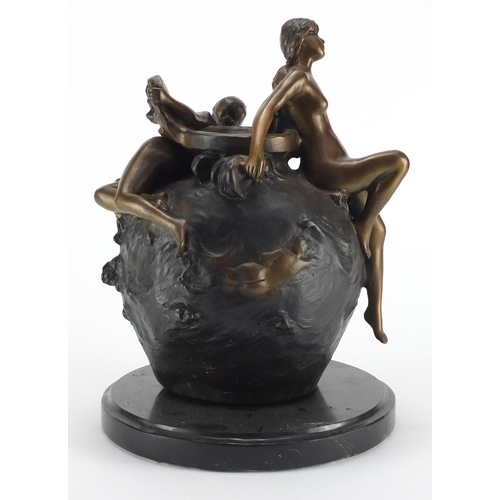 2182 - Art Nouveau design patinated bronze vase, cast with nude maidens, impressed E Villanis, raised on ci... 