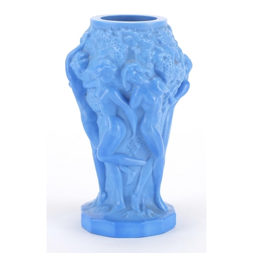 2217 - Czech Art Deco blue glass vase moulded with six nude maidens, 12.5cm high