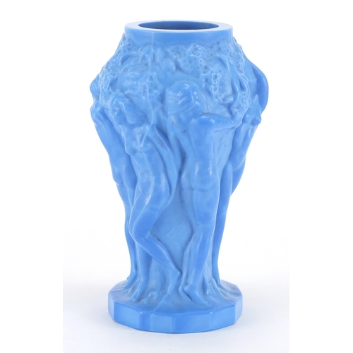 2217 - Czech Art Deco blue glass vase moulded with six nude maidens, 12.5cm high