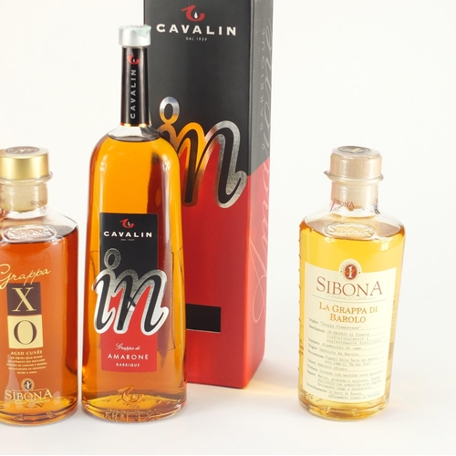 2299 - Four bottles of Grappa, three Sibona and one Cavalin, two with boxes