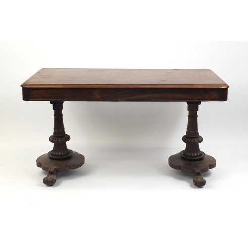 2057 - Victorian rosewood library centre table, with a pair of frieze drawers, on turned columns, 75cm H x ... 
