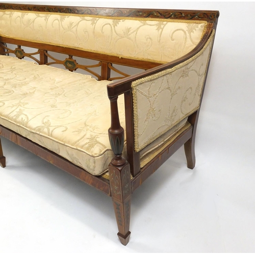 2029 - 19th century mahogany three seater settee, hand painted with panels of maidens and flowers, on squar... 