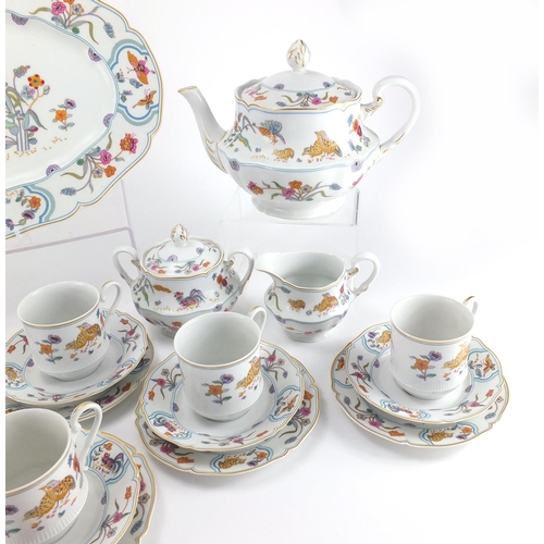 2071 - Limoges teaware decorated with birds and flowers including teapot, platter, cups and saucers