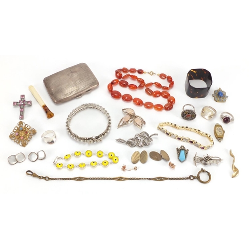 2827 - Costume jewellery including a carnelian necklace, brooches, silver rings and a rectangular silver ci... 