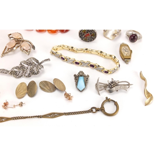 2827 - Costume jewellery including a carnelian necklace, brooches, silver rings and a rectangular silver ci... 